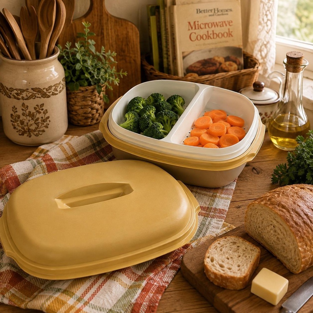 Vintage Tupperware Microwave Vegetable Steamer 3 Piece‎ Harvest Gold